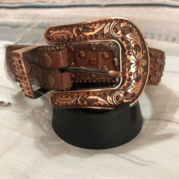 Womens Western Leather Belt Buckle Studded Cowgirl Brown Size Large - Picture 12 of 12
